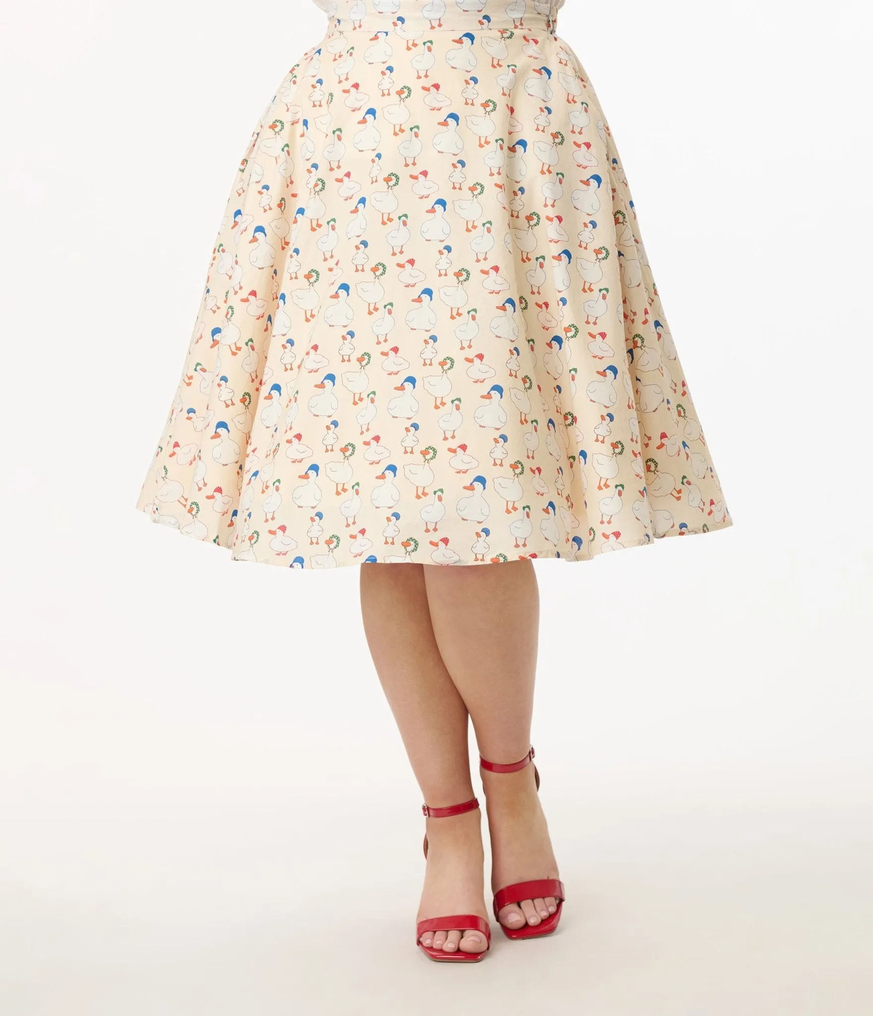 1950s Cream & Duck Print Cotton Swing Skirt