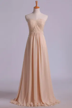 2024 Sweetheart A Line Beaded Bodice Backless Prom Dresses Chiffon