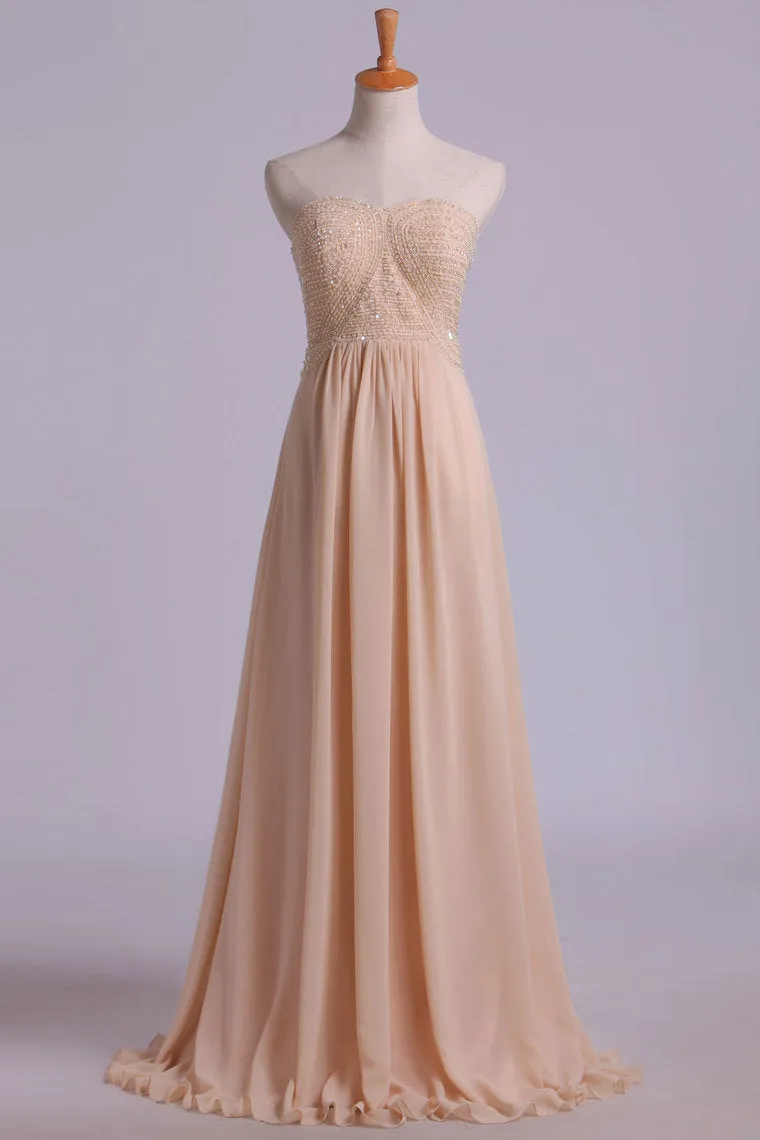 2024 Sweetheart A Line Beaded Bodice Backless Prom Dresses Chiffon