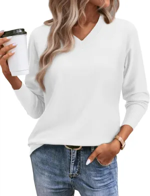 2025 Women's Sweaters Knitted Ribbed Casual Thin Long Sleeve Pullover V Neck Lightweight Sweatshirts Cute Blouse Tops
