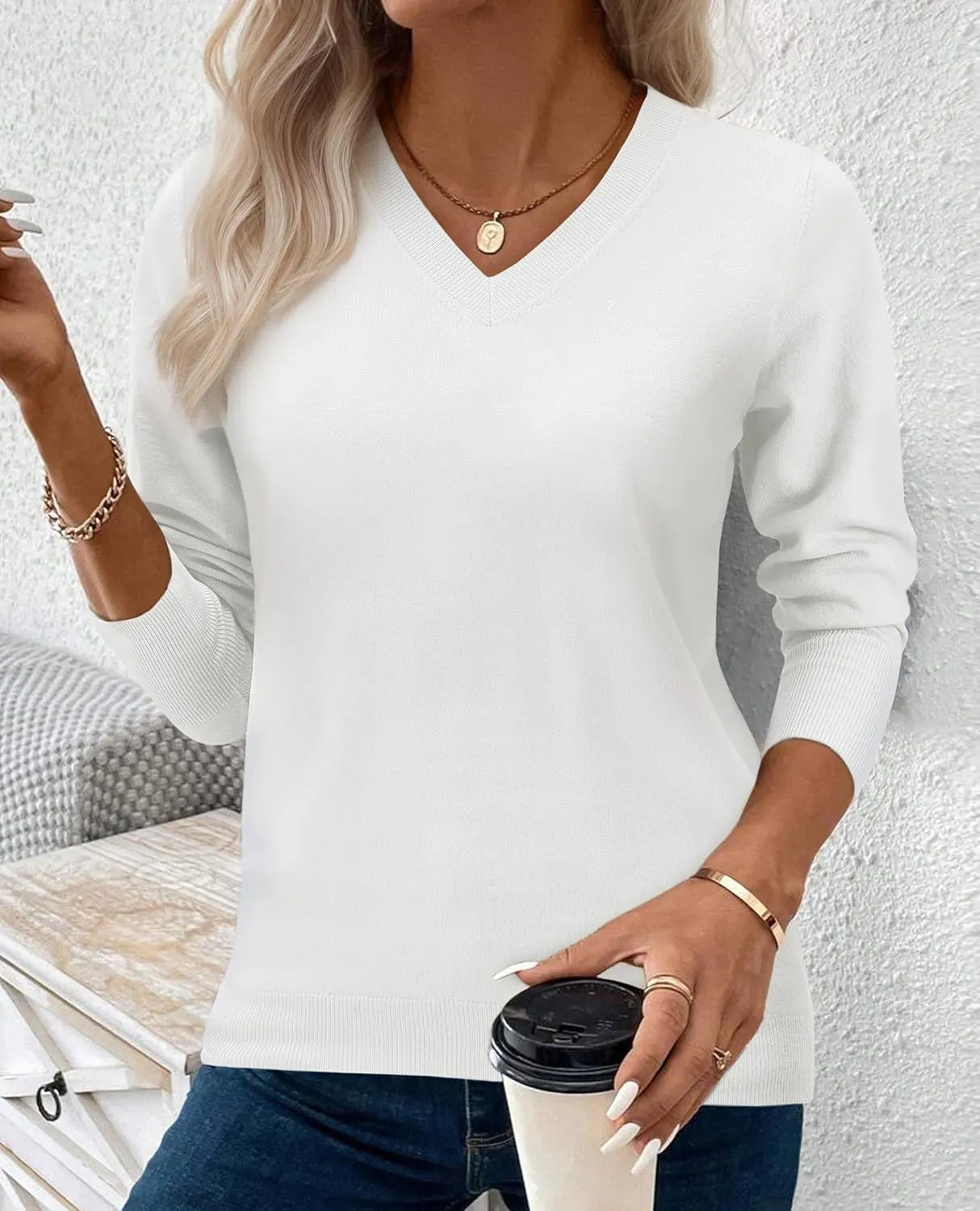 2025 Women's Sweaters Knitted Ribbed Casual Thin Long Sleeve Pullover V Neck Lightweight Sweatshirts Cute Blouse Tops