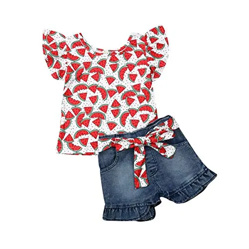 2Pcs/Set Fashion Toddler Kids Baby Girl Boy Summer Outfits Sleeveless Tassel T-Shirt Top Floral Shorts Clothes Set 6M-5T (Watermelon, 4-5 Years)