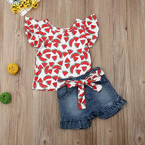 2Pcs/Set Fashion Toddler Kids Baby Girl Boy Summer Outfits Sleeveless Tassel T-Shirt Top Floral Shorts Clothes Set 6M-5T (Watermelon, 4-5 Years)