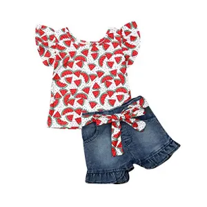 2Pcs/Set Fashion Toddler Kids Baby Girl Boy Summer Outfits Sleeveless Tassel T-Shirt Top Floral Shorts Clothes Set 6M-5T (Watermelon, 4-5 Years)