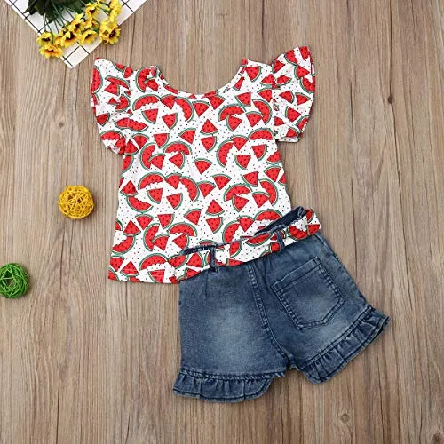 2Pcs/Set Fashion Toddler Kids Baby Girl Boy Summer Outfits Sleeveless Tassel T-Shirt Top Floral Shorts Clothes Set 6M-5T (Watermelon, 4-5 Years)