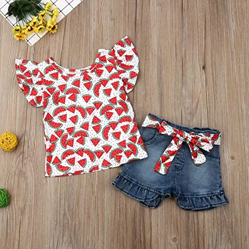 2Pcs/Set Fashion Toddler Kids Baby Girl Boy Summer Outfits Sleeveless Tassel T-Shirt Top Floral Shorts Clothes Set 6M-5T (Watermelon, 4-5 Years)