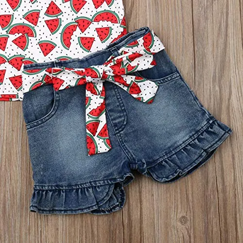 2Pcs/Set Fashion Toddler Kids Baby Girl Boy Summer Outfits Sleeveless Tassel T-Shirt Top Floral Shorts Clothes Set 6M-5T (Watermelon, 4-5 Years)