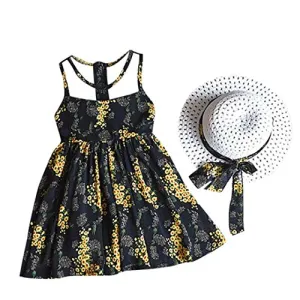 3PCS Little Girls Summer Outfits Clothes Floral Vest T-Shirt Tops  Shorts Pants Sun Hat Set (Black, 6-7 Years(15))