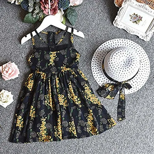 3PCS Little Girls Summer Outfits Clothes Floral Vest T-Shirt Tops  Shorts Pants Sun Hat Set (Black, 6-7 Years(15))