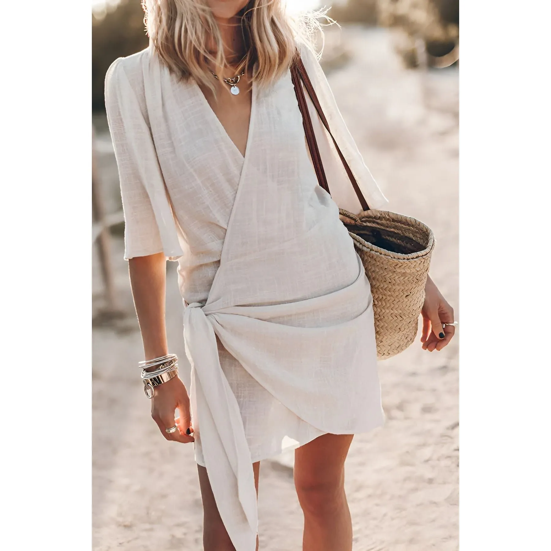 Adelia Chic Dress - Luxuriöses Baumwoll-Leinen Mini-Wickel-Sommerkleid