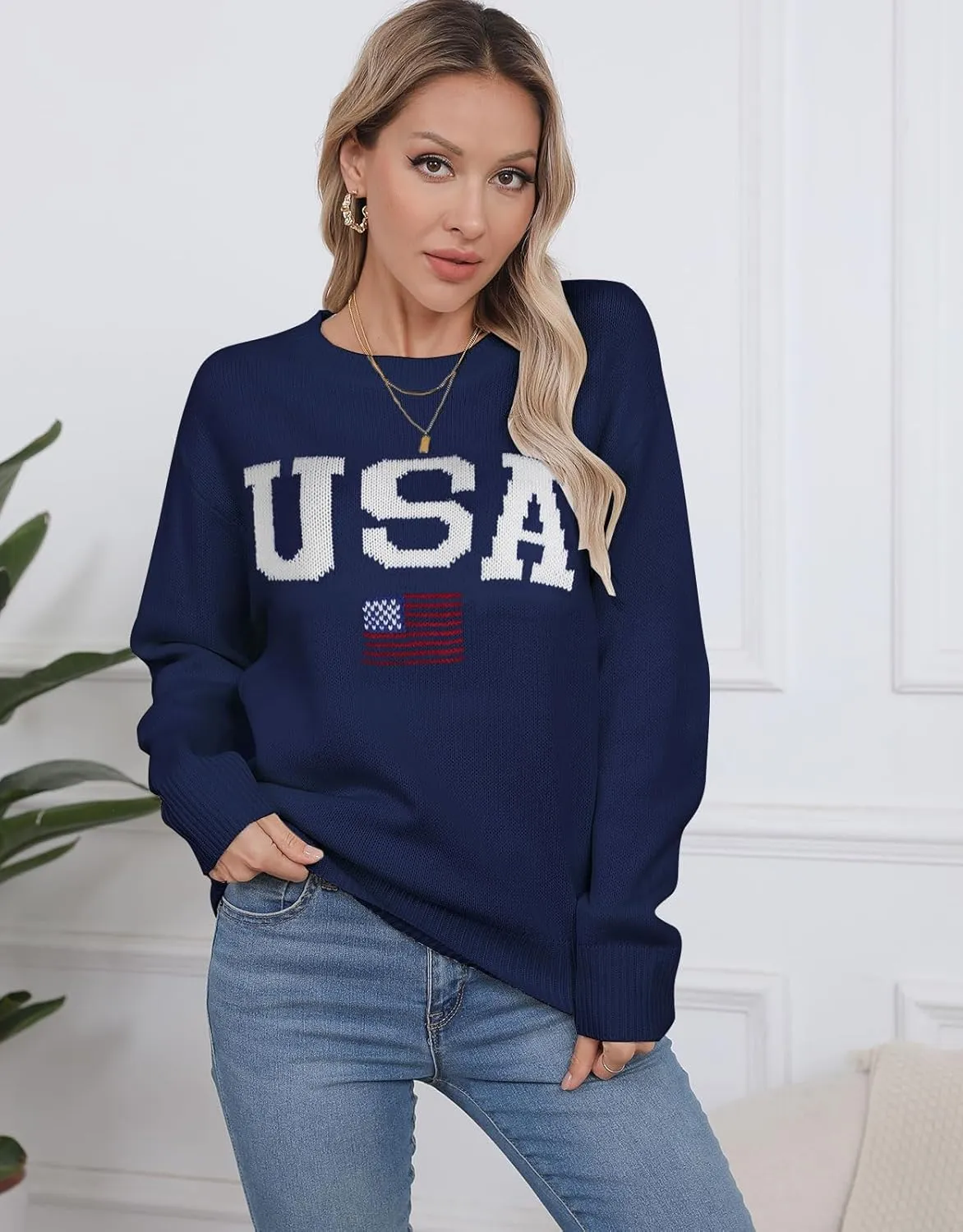 Alsol Lamesa Women’s American Flag Graphic Sweater Patriotic Long Sleeve Pullover Sweaters Crew Neck Knit Tops