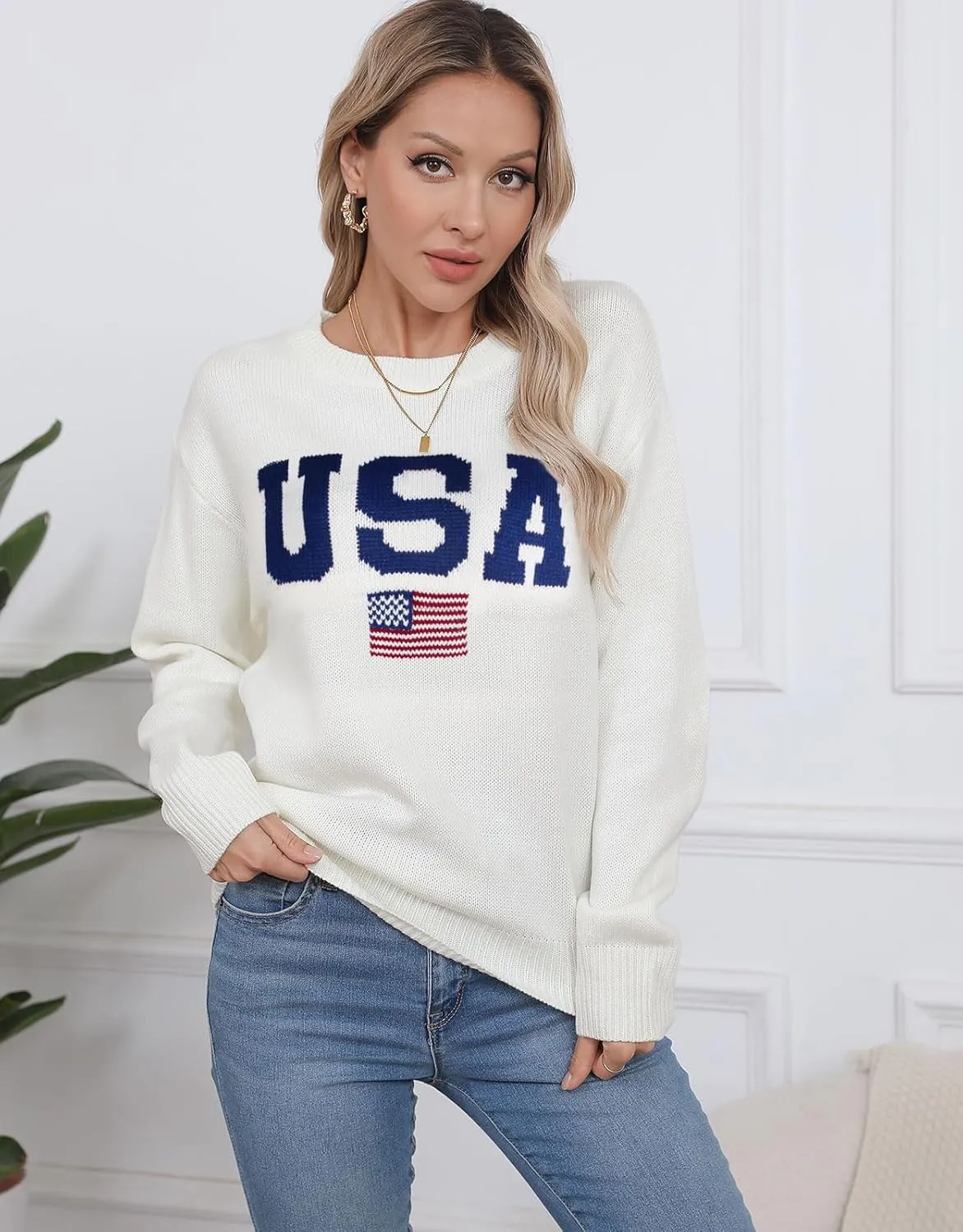 Alsol Lamesa Women’s American Flag Graphic Sweater Patriotic Long Sleeve Pullover Sweaters Crew Neck Knit Tops