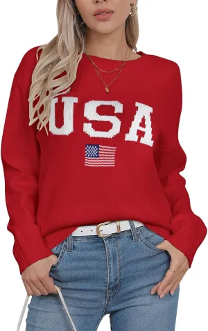 Alsol Lamesa Women’s American Flag Graphic Sweater Patriotic Long Sleeve Pullover Sweaters Crew Neck Knit Tops