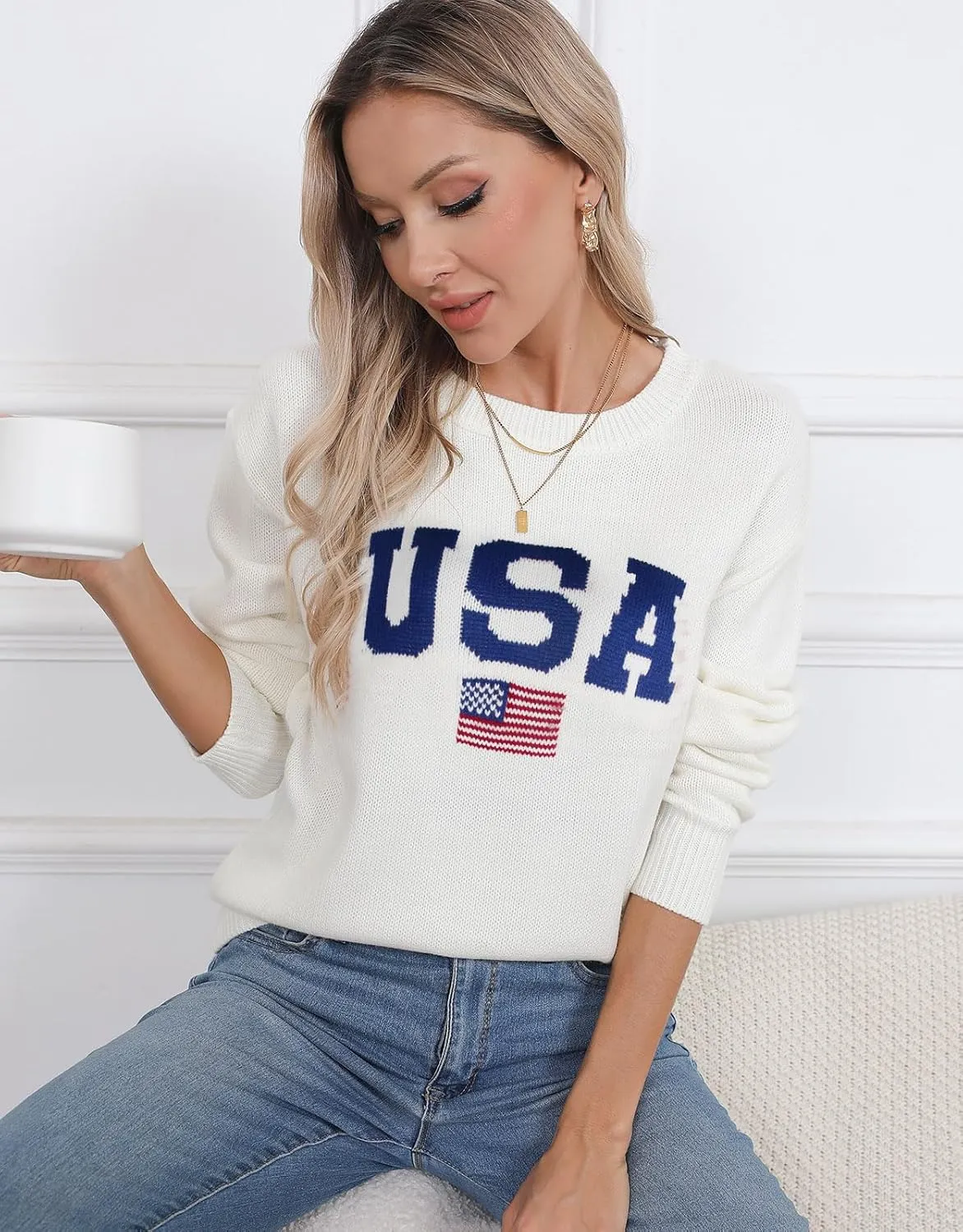 Alsol Lamesa Women’s American Flag Graphic Sweater Patriotic Long Sleeve Pullover Sweaters Crew Neck Knit Tops