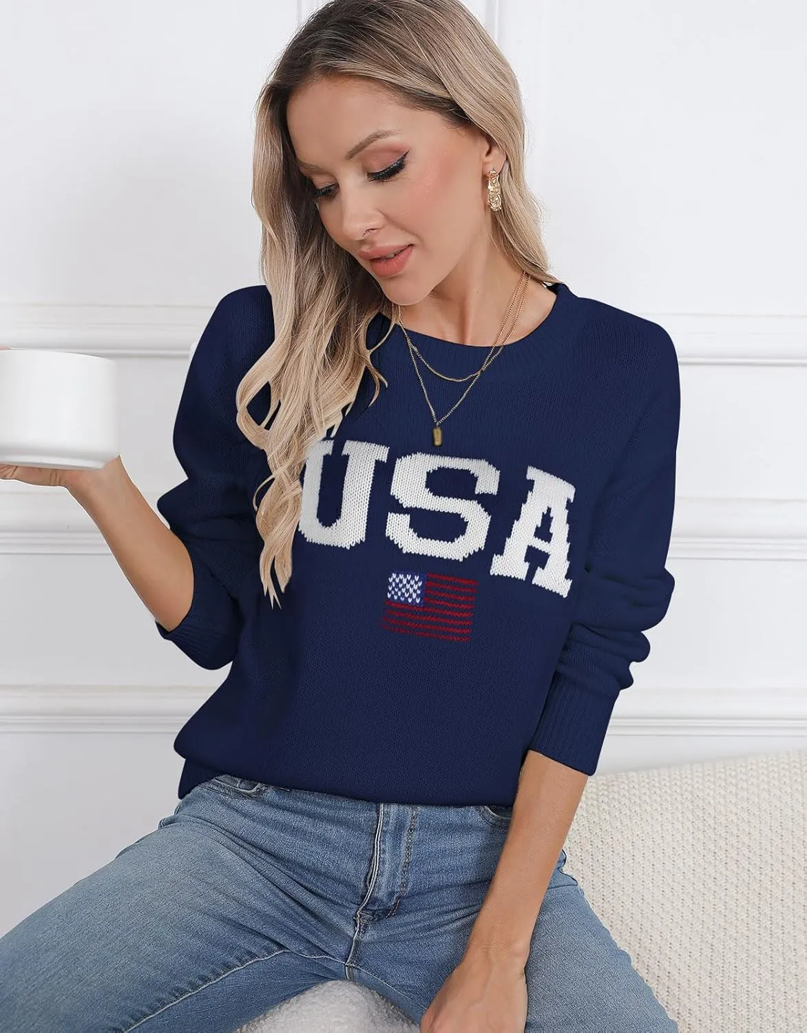 Alsol Lamesa Women’s American Flag Graphic Sweater Patriotic Long Sleeve Pullover Sweaters Crew Neck Knit Tops