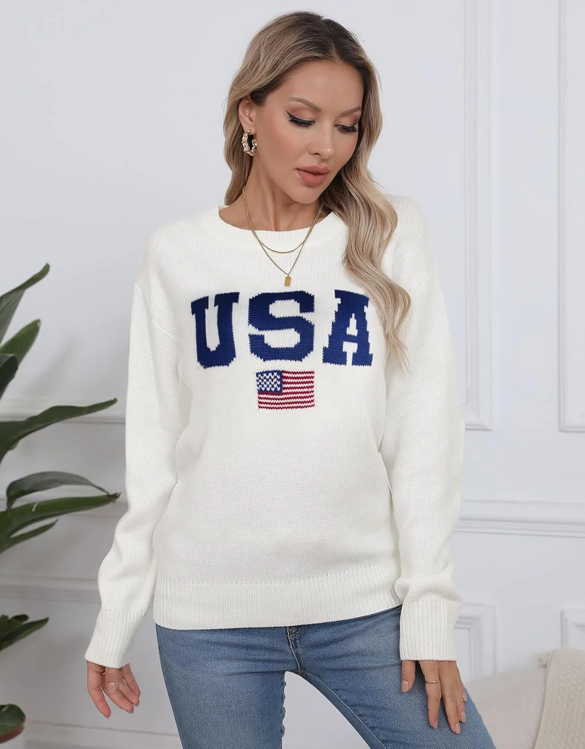 Alsol Lamesa Women’s American Flag Graphic Sweater Patriotic Long Sleeve Pullover Sweaters Crew Neck Knit Tops