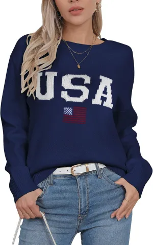Alsol Lamesa Women’s American Flag Graphic Sweater Patriotic Long Sleeve Pullover Sweaters Crew Neck Knit Tops