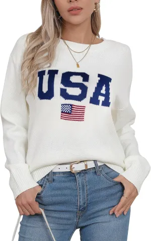 Alsol Lamesa Women’s American Flag Graphic Sweater Patriotic Long Sleeve Pullover Sweaters Crew Neck Knit Tops