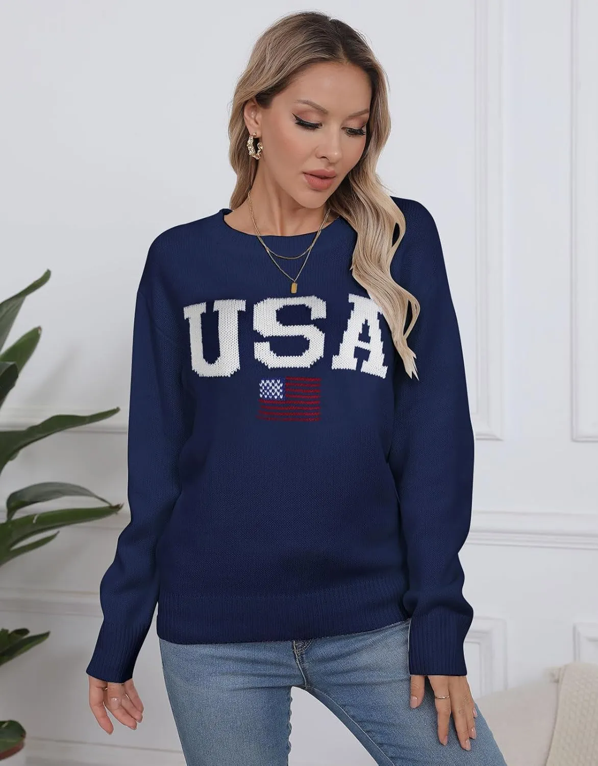 Alsol Lamesa Women’s American Flag Graphic Sweater Patriotic Long Sleeve Pullover Sweaters Crew Neck Knit Tops
