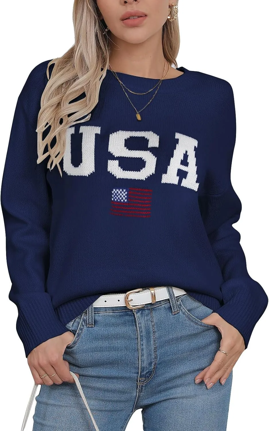 Alsol Lamesa Women’s American Flag Graphic Sweater Patriotic Long Sleeve Pullover Sweaters Crew Neck Knit Tops