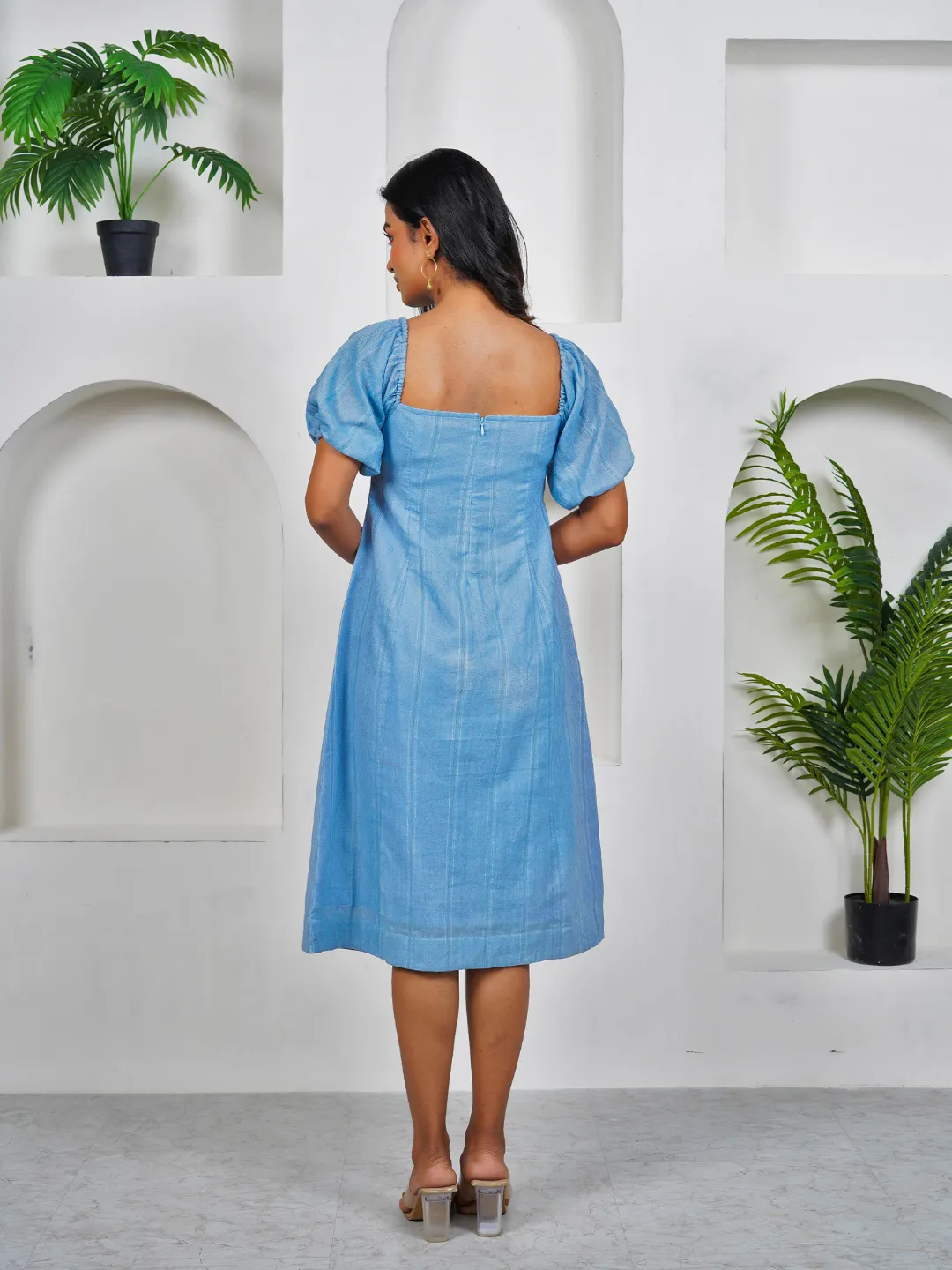 Berry Blue Cotton Square Neck Midi Dress