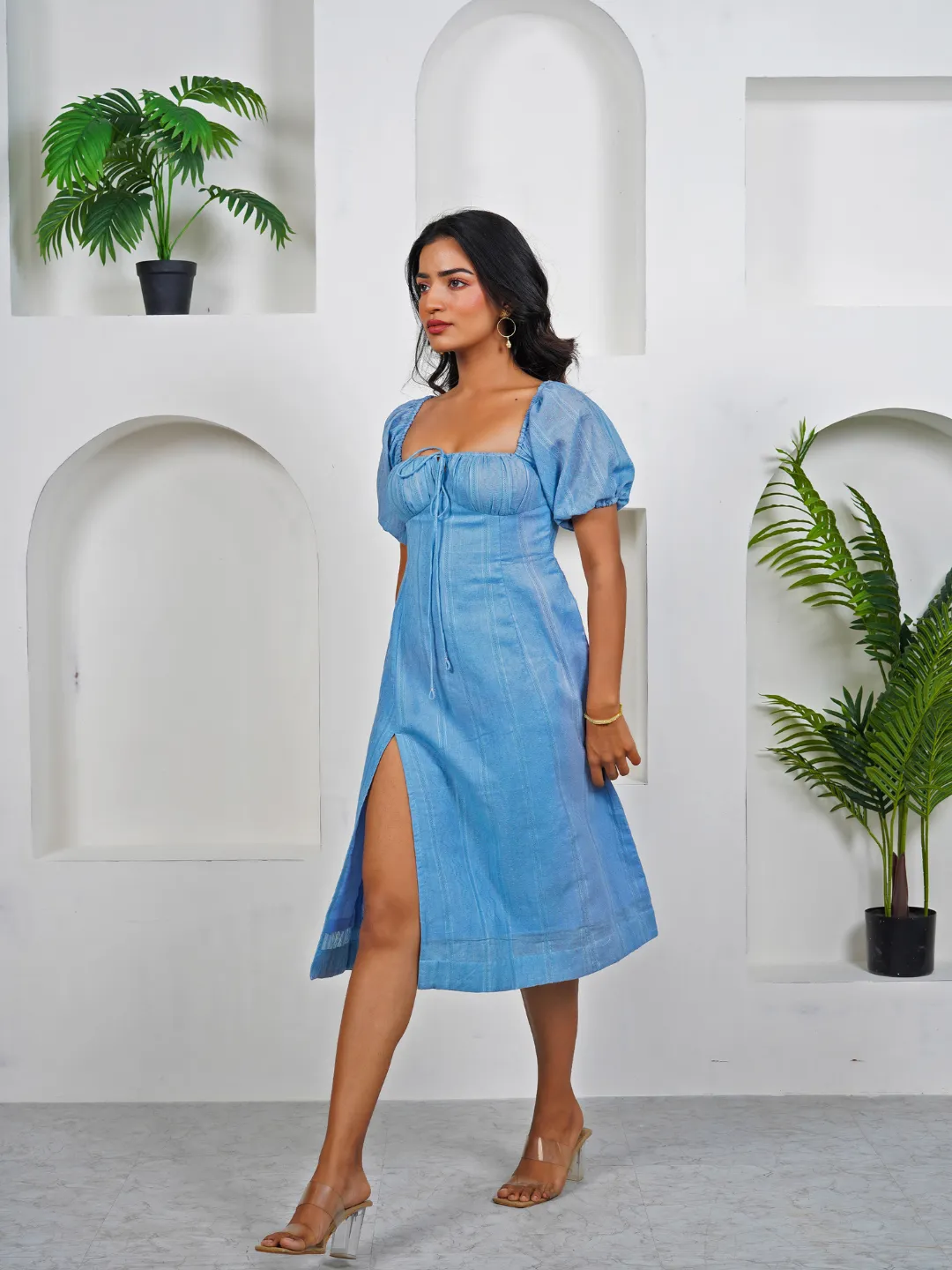 Berry Blue Cotton Square Neck Midi Dress