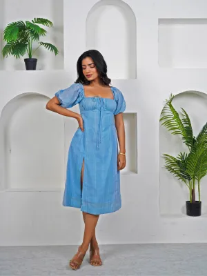 Berry Blue Cotton Square Neck Midi Dress