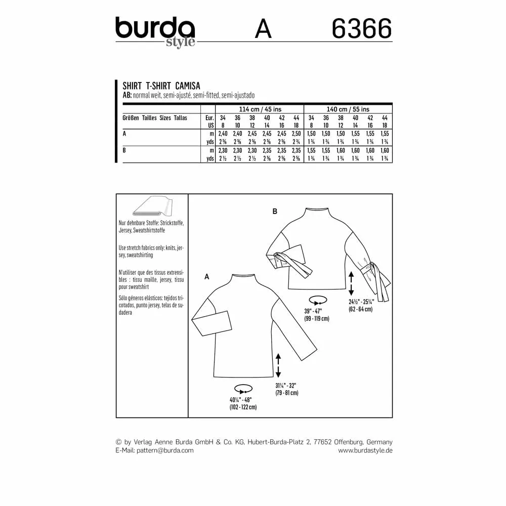 BURDA 6366 - Top with Integral Stand Collar- Sleeves with Tie Bands