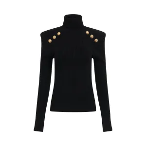 Button Trimmed Turtleneck Sweater in Black