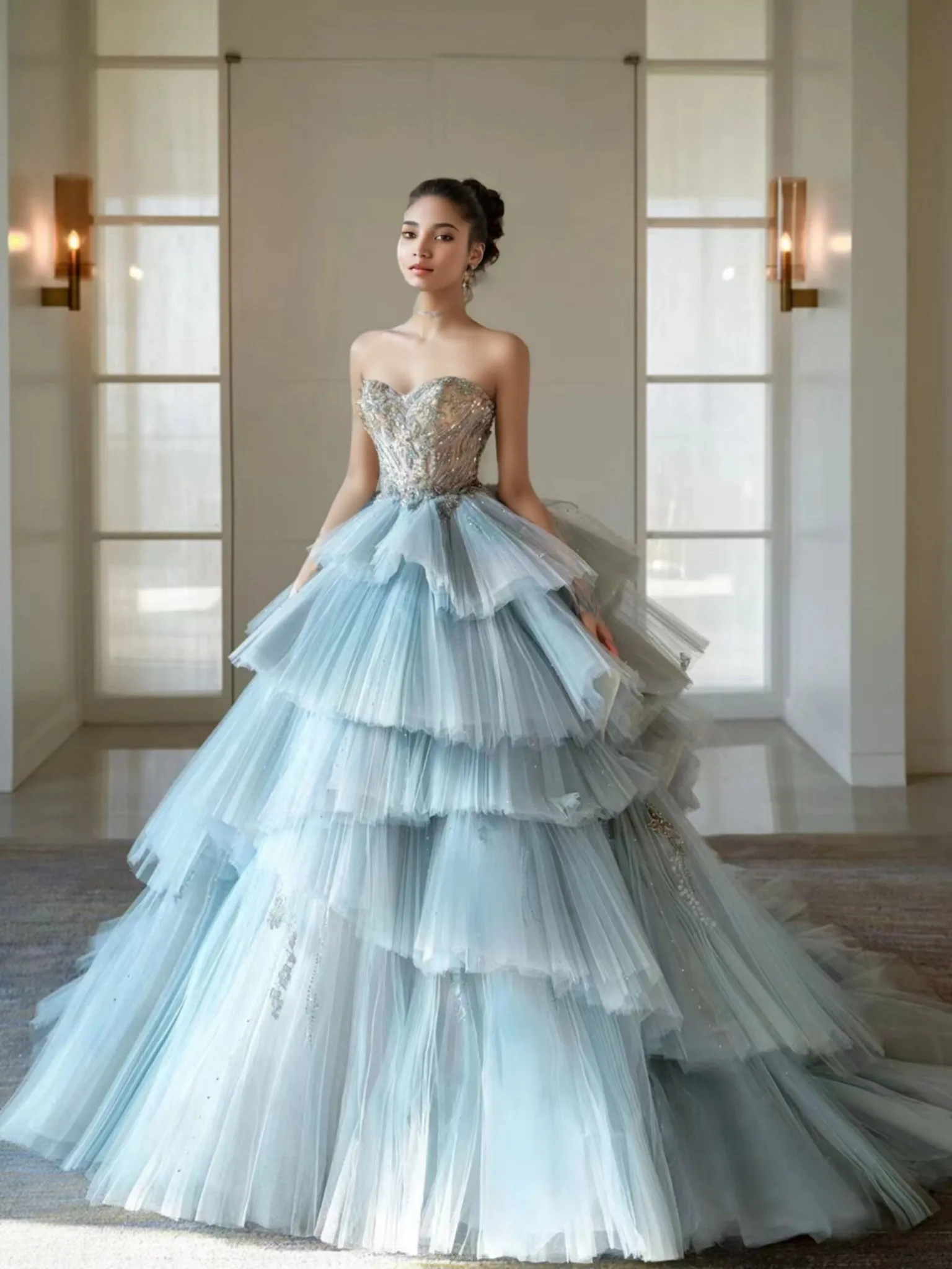 Chic crystals rhinestones beaded layered princess fairytale prom dress ,ice blue puffy prom dress 2024