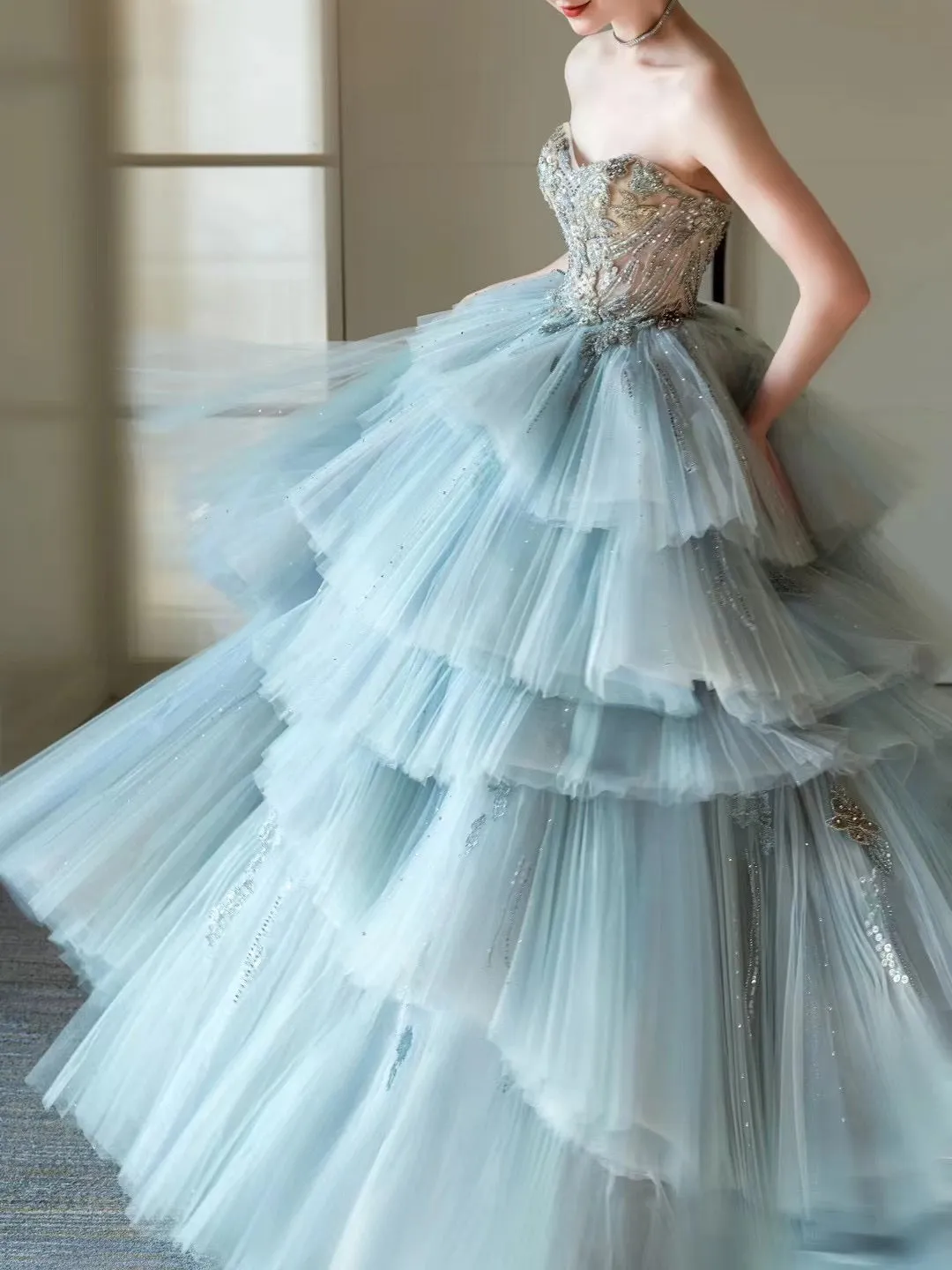 Chic crystals rhinestones beaded layered princess fairytale prom dress ,ice blue puffy prom dress 2024