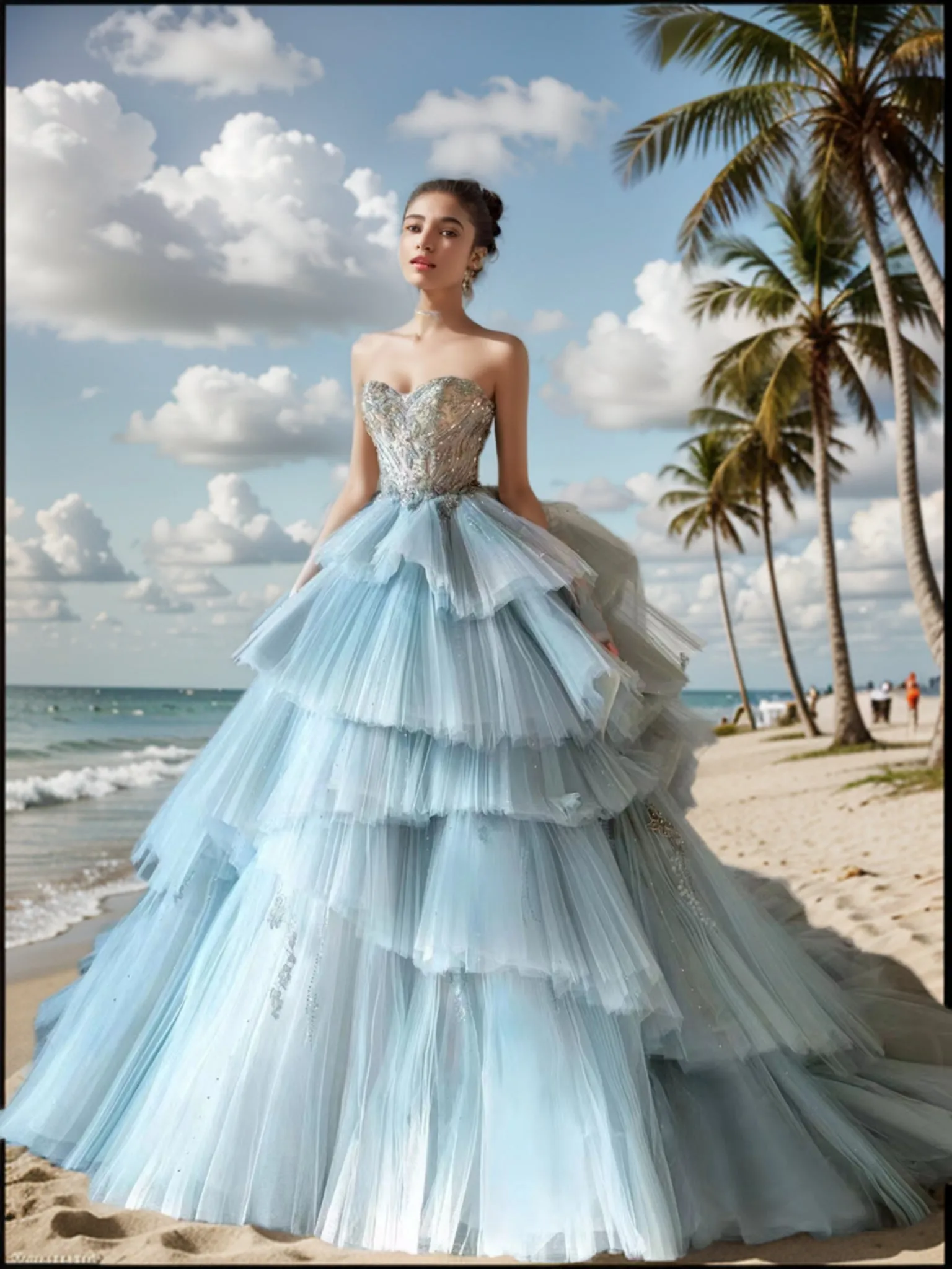Chic crystals rhinestones beaded layered princess fairytale prom dress ,ice blue puffy prom dress 2024