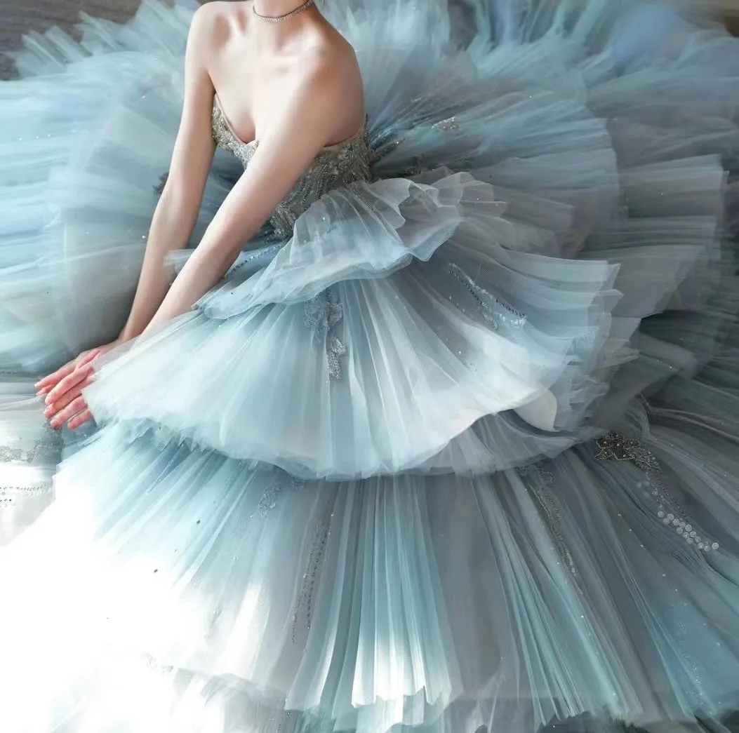 Chic crystals rhinestones beaded layered princess fairytale prom dress ,ice blue puffy prom dress 2024