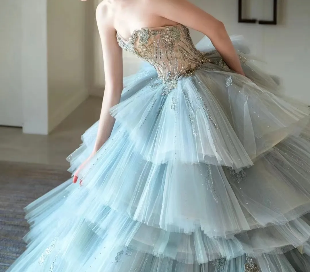 Chic crystals rhinestones beaded layered princess fairytale prom dress ,ice blue puffy prom dress 2024