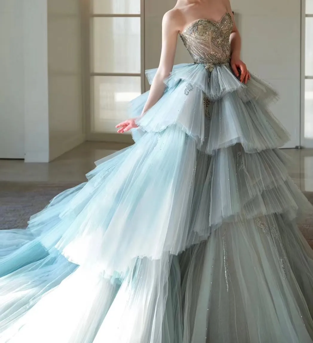 Chic crystals rhinestones beaded layered princess fairytale prom dress ,ice blue puffy prom dress 2024