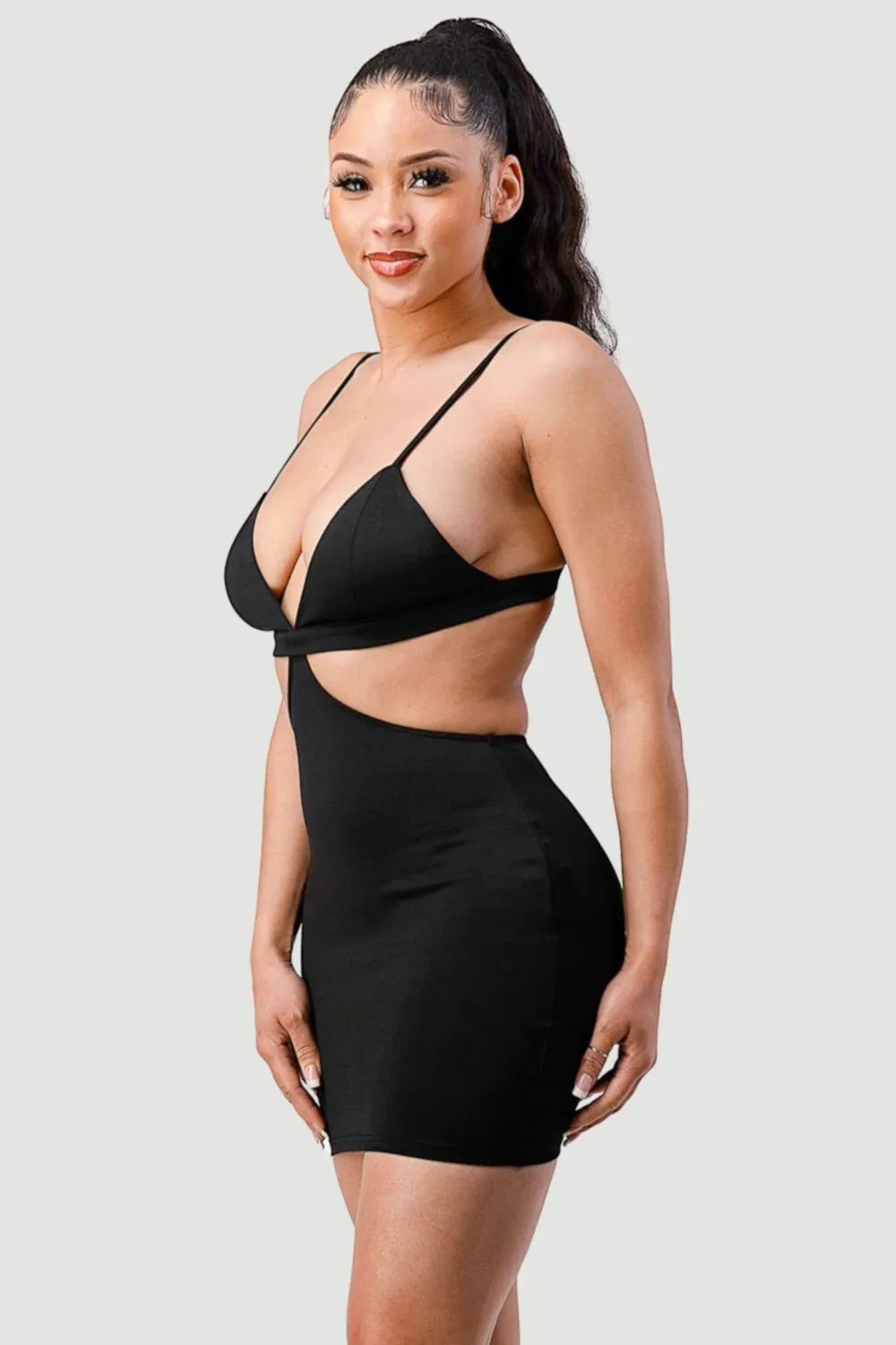 CHIC SIDE CUTOUT OPEN BACK BODYCON MINI DRESS