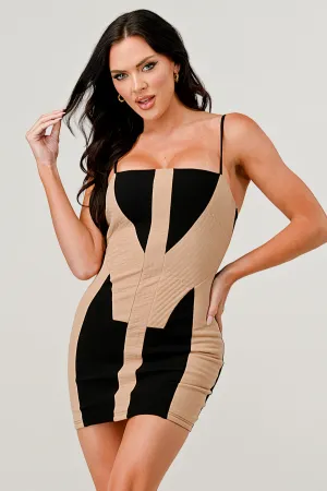 CHIC TAN AND BLACK COLORBLOCKING PANELS MINI DRESS