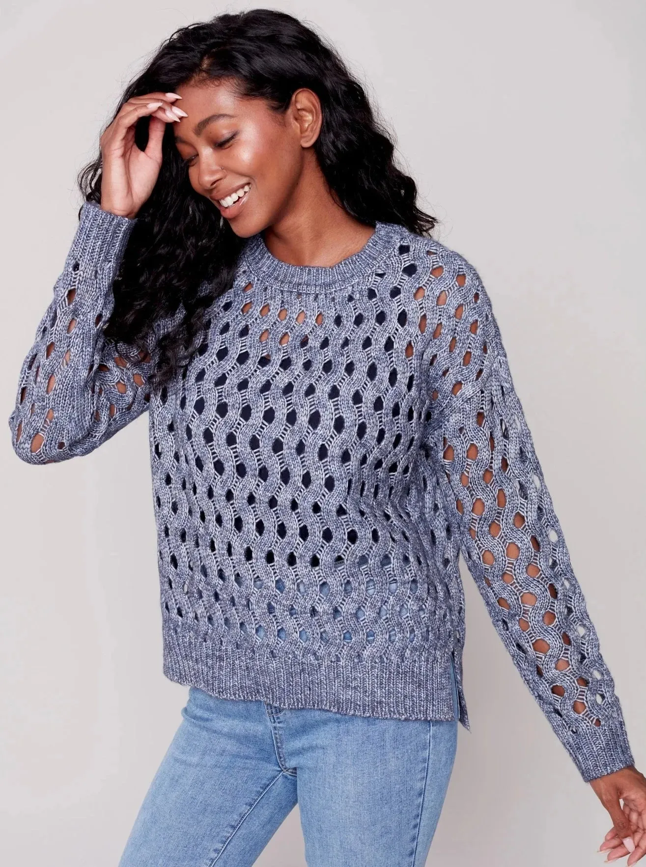 Crewneck Cable Knit Plushy Sweater [H Denim-C2541]