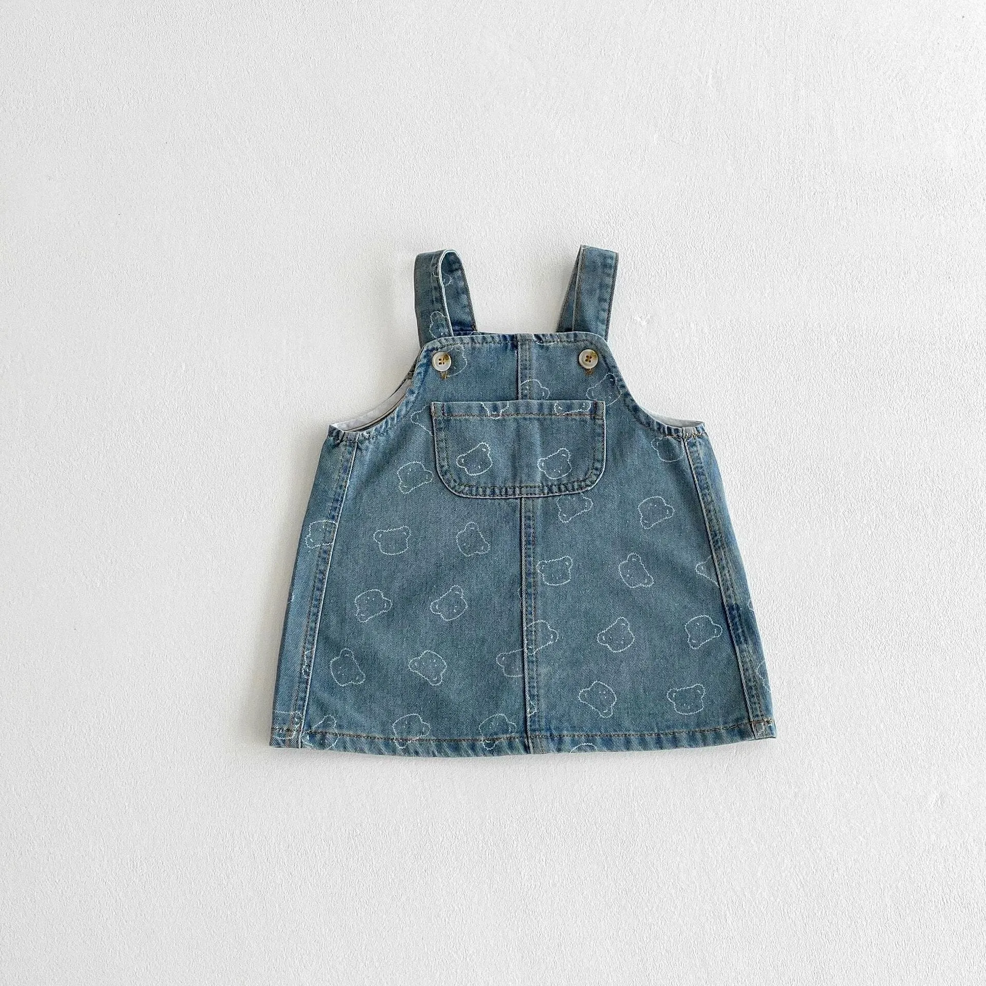 Cute Bear Print Denim Suspender Dress