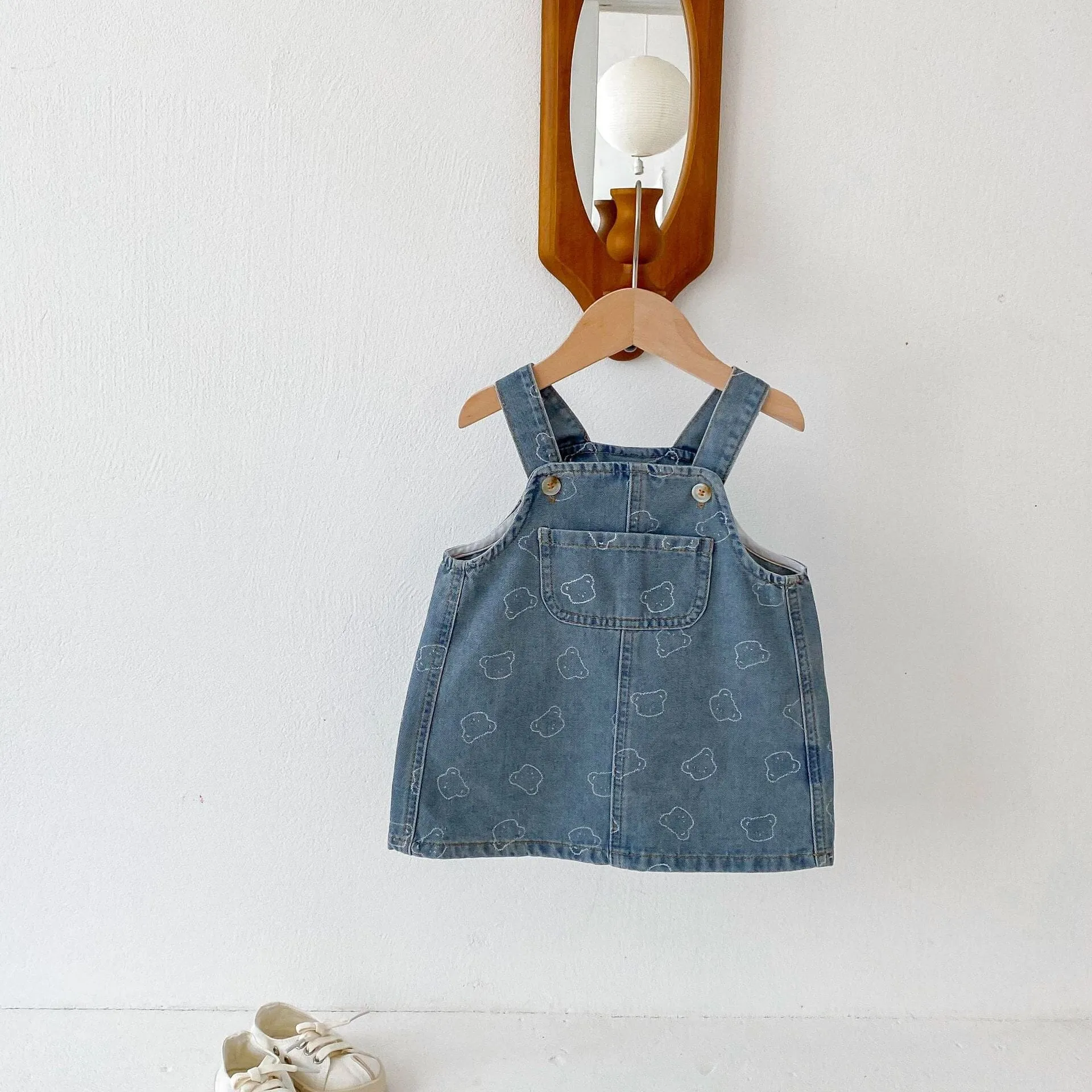 Cute Bear Print Denim Suspender Dress