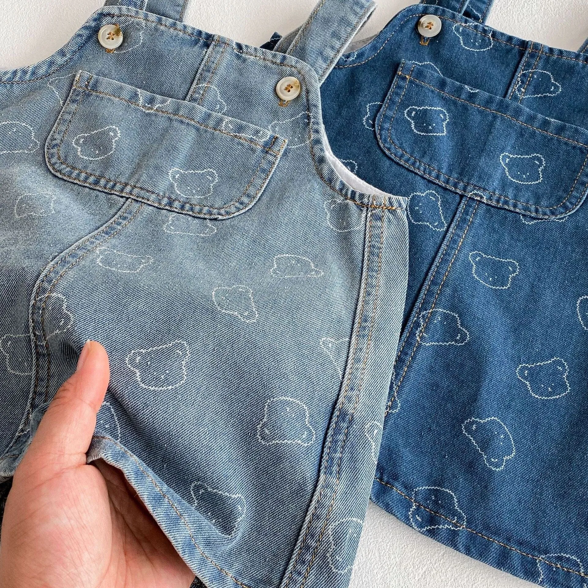 Cute Bear Print Denim Suspender Dress