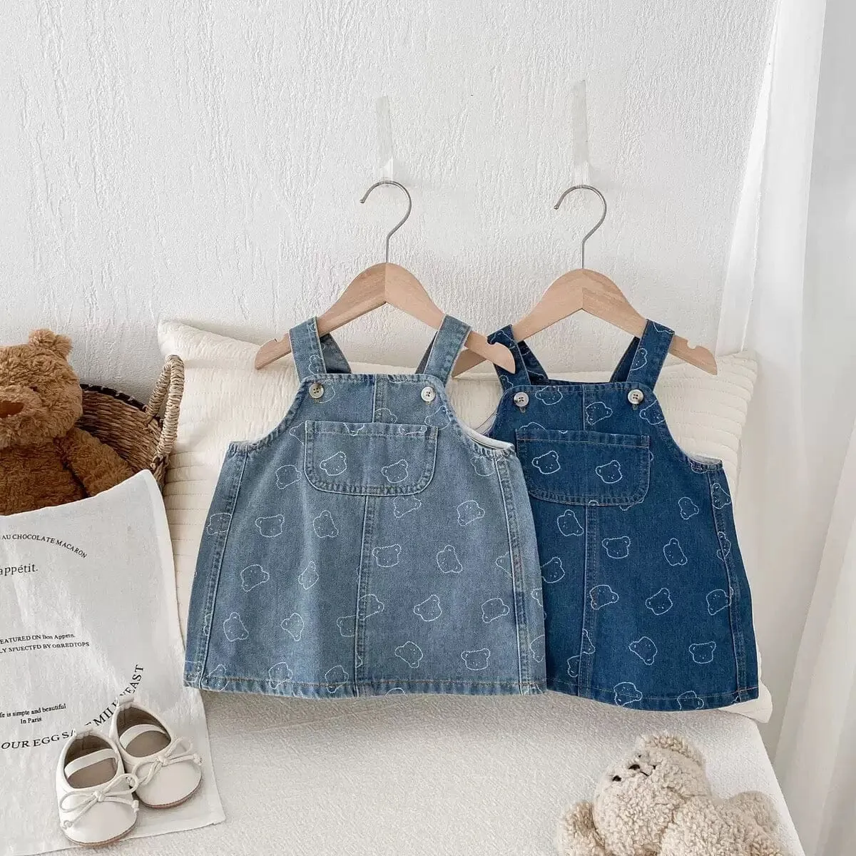 Cute Bear Print Denim Suspender Dress