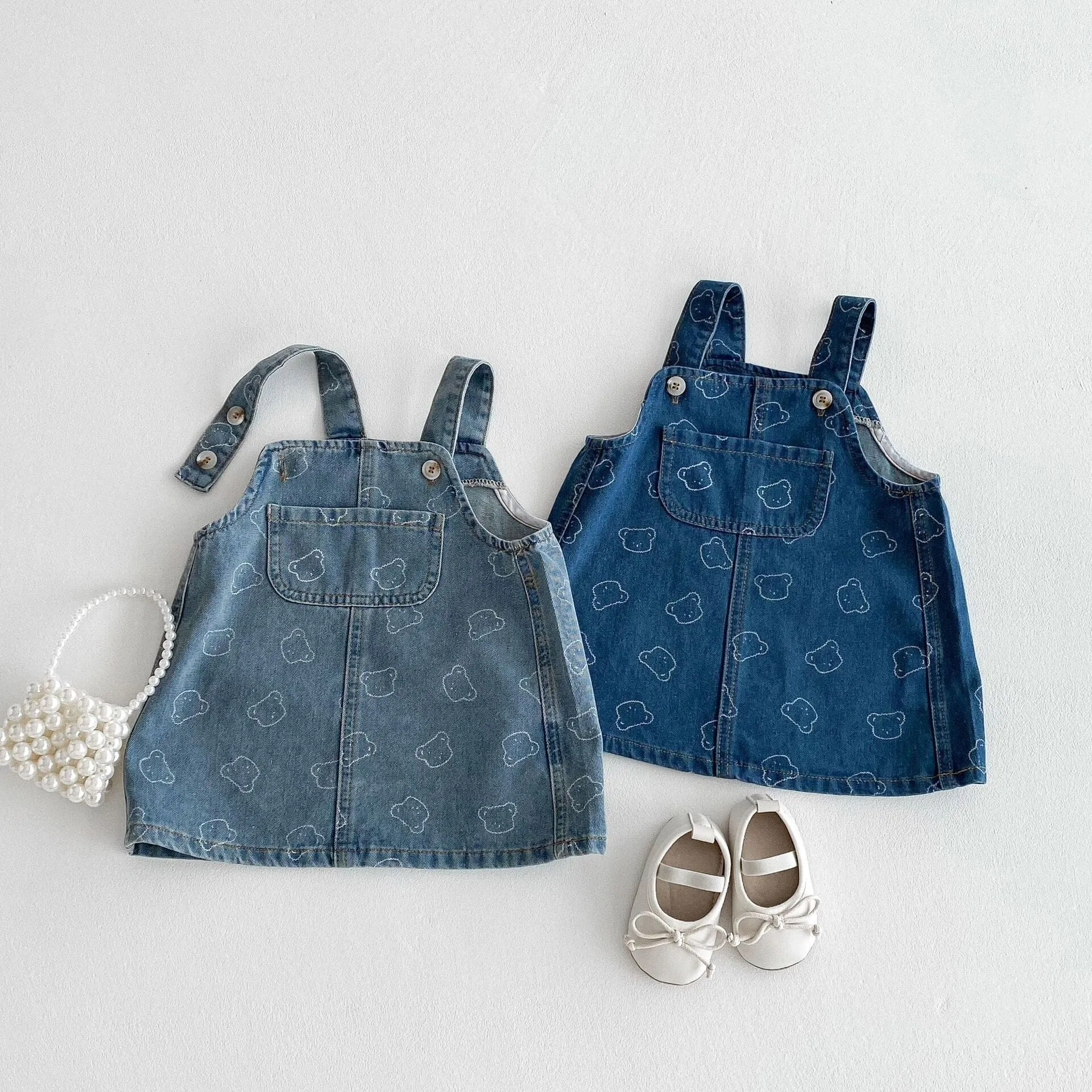Cute Bear Print Denim Suspender Dress