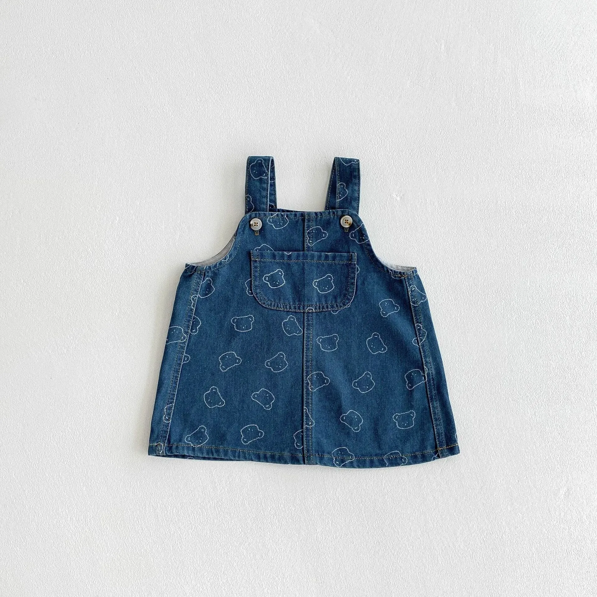Cute Bear Print Denim Suspender Dress