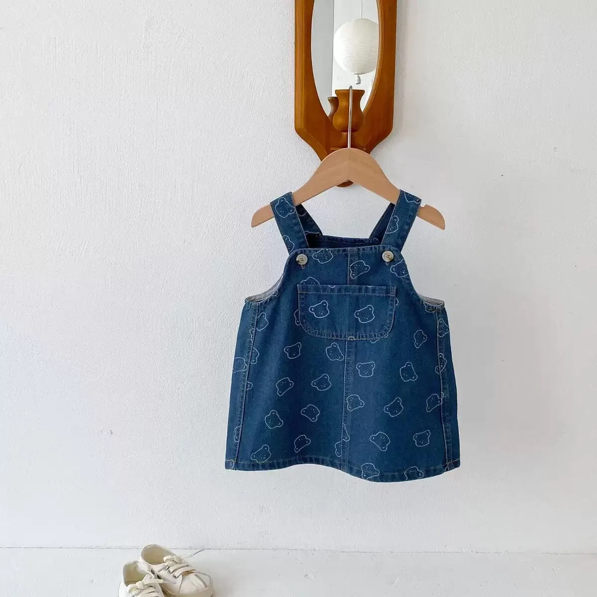 Cute Bear Print Denim Suspender Dress
