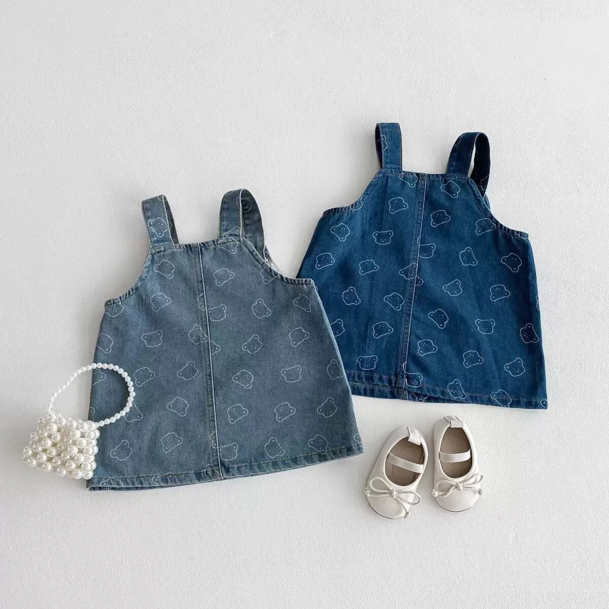 Cute Bear Print Denim Suspender Dress