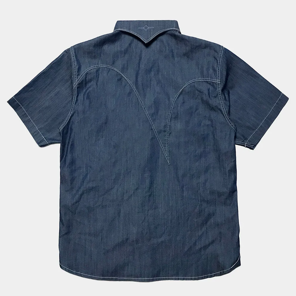 DDL 323-DEL TORO 'V' REGULAR FIT 2 POCKET SHORT SLEEVE WESTERN TENCEL COTTON DENIM SHIRT-6OZ-E1 INDIGO