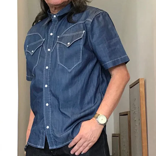 DDL 323-DEL TORO 'V' REGULAR FIT 2 POCKET SHORT SLEEVE WESTERN TENCEL COTTON DENIM SHIRT-6OZ-E1 INDIGO