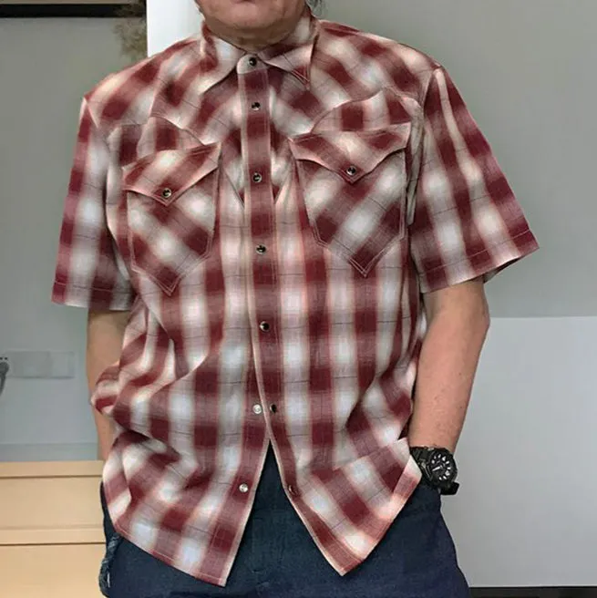 DDL 323R-DEL TORO 'V' REGULAR FIT 2 POCKET SHORT SLEEVE WESTERN OMBRE PLAID SHIRT-E0 RED