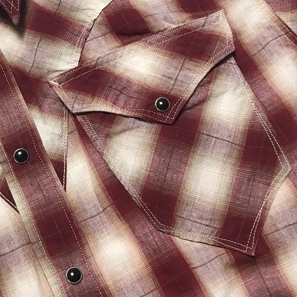 DDL 323R-DEL TORO 'V' REGULAR FIT 2 POCKET SHORT SLEEVE WESTERN OMBRE PLAID SHIRT-E0 RED